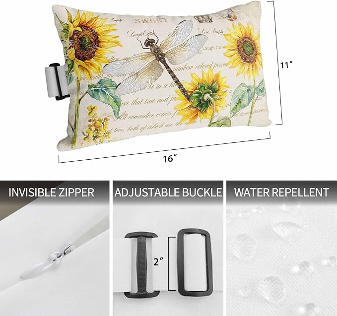 Outdoor Lumbar Pillow Set of 1, Dragonfly Sunflowers Waterproof Beach Headrest Pillow with Inserts, Vintage Botanical Yellow Floral Beige Recliner Throw Pillows for Patio Furniture, 12 x 20