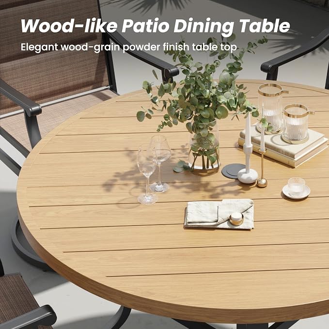 Soohow Patio Dining Set for 4, 5-Piece Round Outdoor Dining Set 4 x Swivel Patio Chairs and 41" Round Outdoor Dining Table with 1.57" Umbrella Hole, Wood-Like, for Poolside, Backyard