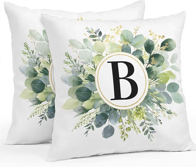 Letter B Waterproof Outdoor Pillow Covers Set of 2 Home Decor, Alphabet Green Eucalyptus Leaves Pillowcase Patio Pillow Covers for Couch Bench Patio Furniture Garden 24x24in
