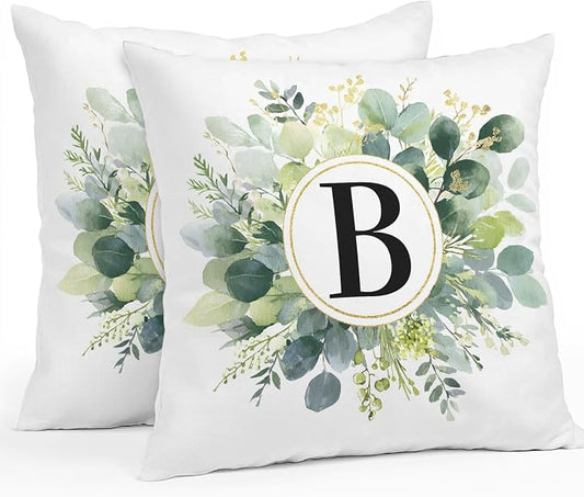 Letter B Waterproof Outdoor Pillow Covers Set of 2 Home Decor, Alphabet Green Eucalyptus Leaves Pillowcase Patio Pillow Covers for Couch Bench Patio Furniture Garden 24x24in