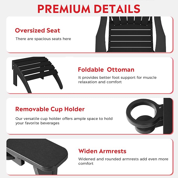 Costaelm Lakeview 3-Piece Adirondack Chair with Cup Holder and Folding Ottoman and Table Set, Black