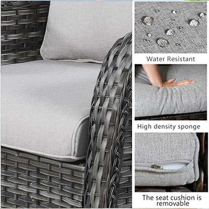 HUMMUH Patio Furniture with Fire Pit 4-Piece Wicker Outdoor Sectional Couch with Swivel Rocking Chairs, Propane Fire Pit Conversation Set for Garden, Backyard, Deck