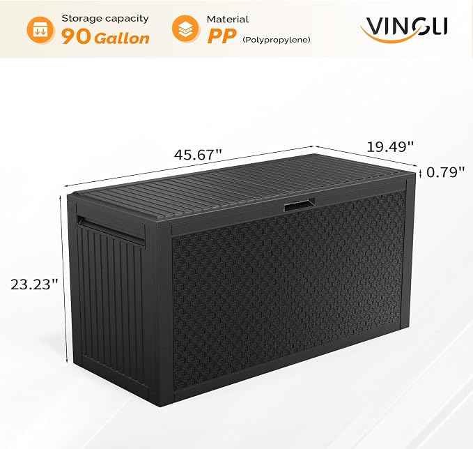 VINGLI 90 Gallon Outdoor Storage Box, Lockable Plastic Storage Containers with Lid, Patio Deck Box Furniture for Garden, Pool, Balcony, Yard (Black)