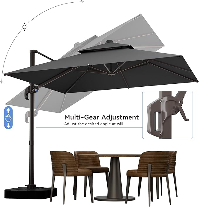 10x10FT Cantilever Outdoor Patio Umbrellas，Double Top Large Square Umbrella Heavy Duty 360°Rotation Offset Outdoor Sun Shade Umbrella for Garden Deck Pool Backyard Patio, Grey