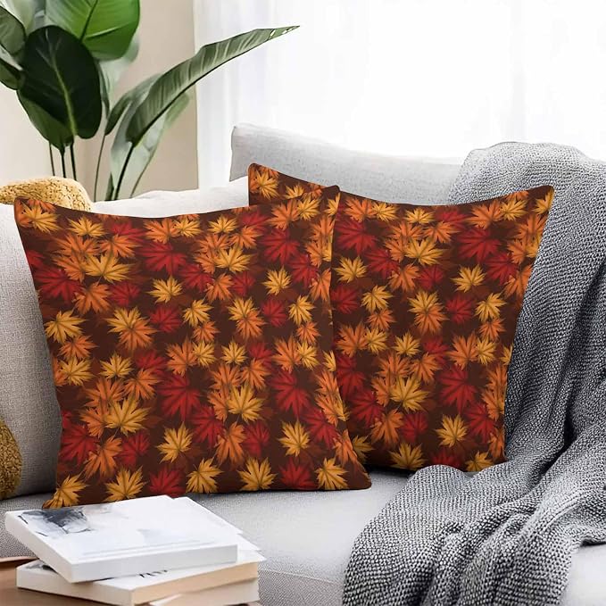 Brown Thanksgiving Outdoor Waterproof Pillow Covers, Fall Maple Leaves Farmhouse Vintage Decorative Square Throw Pillowcase Sofa Cushion Sham for Patio/Couch/Chair, 18"x18" 2 Pack