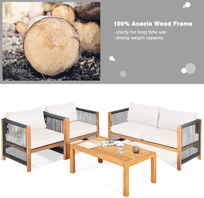 Tangkula Outdoor Wood Furniture Set with 2 Set Cushion Covers, 4 Pieces Cushioned Patio Conversation Set, for Garden Balcony Poolside Outdoor Living (1, WH-RE)