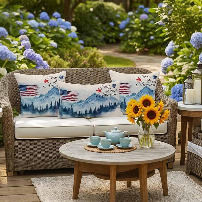 4th of July Outdoor Pillow Covers 24x24 Inch Throw Pillow Covers Set of 2 Waterproof Decorative Pillow Cases Independence Day American Flag Forest Cushion Covers for Patio Furniture Garden Couch Sofa