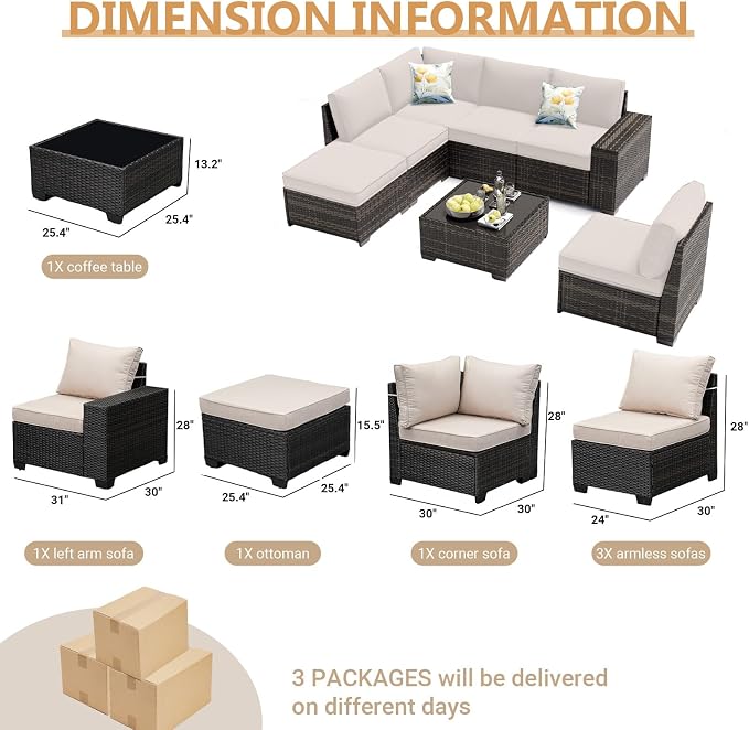 JOYURE 7 Pieces Patio Furniture Set, Outdoor Sofa with Waterproof Cushions&Ottoman, Rattan L Shaped Patio Couch & Coffee Table, Modern Outdoor Furniture for Backyard, Deck, Balcony – Beige
