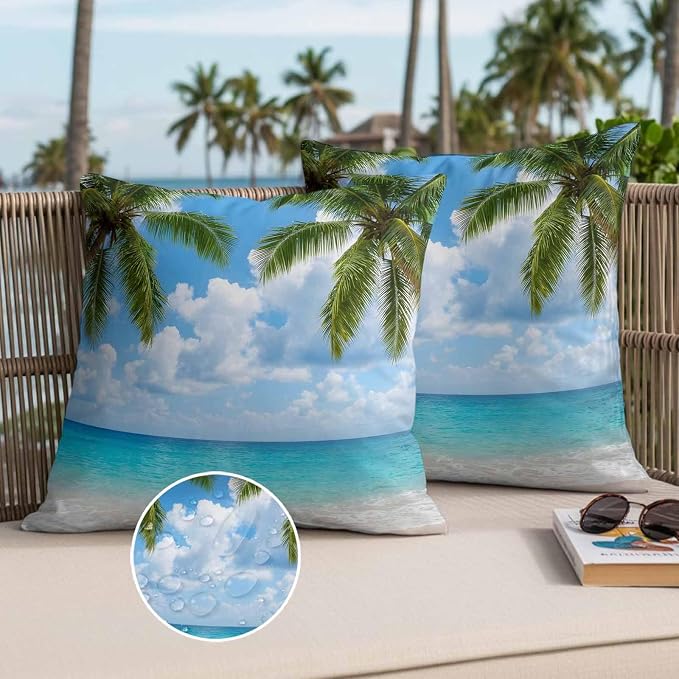 Yukro Tropical Beach Outdoor Waterproof Pillow Covers Pack of 2, Starfish Palm Tree Sky Coastal Throw Pillowcases Decorative Cushion Covers for Garden Patio Tent Sofa Couch, 26x26 inch