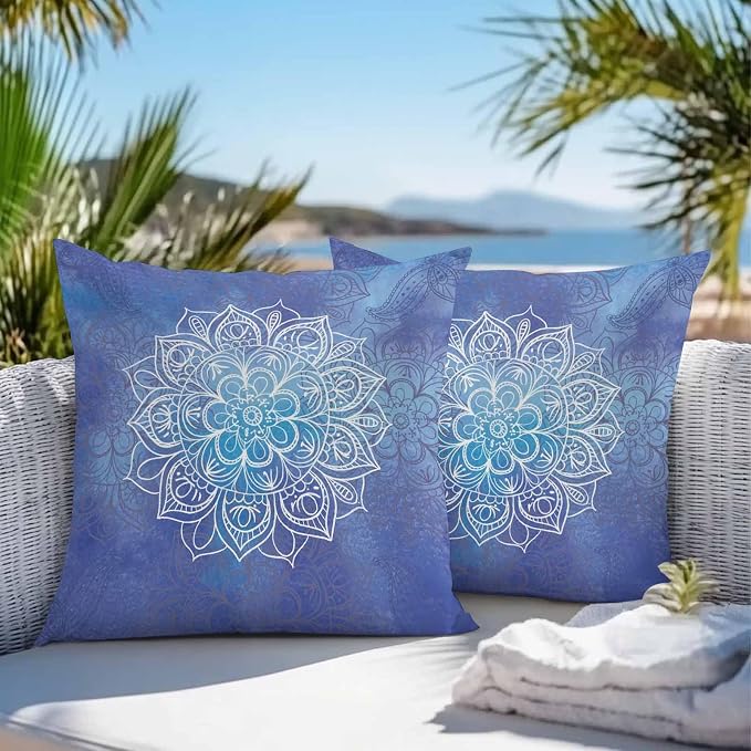 Vandarllin Outdoor Throw Pillows Covers 24x24 inch Set of 2 Waterproof Blue Boho Floral Decorative Zippered Cushion Covers for Patio Furniture, Bohemian Flower Lumbar Pillowcases