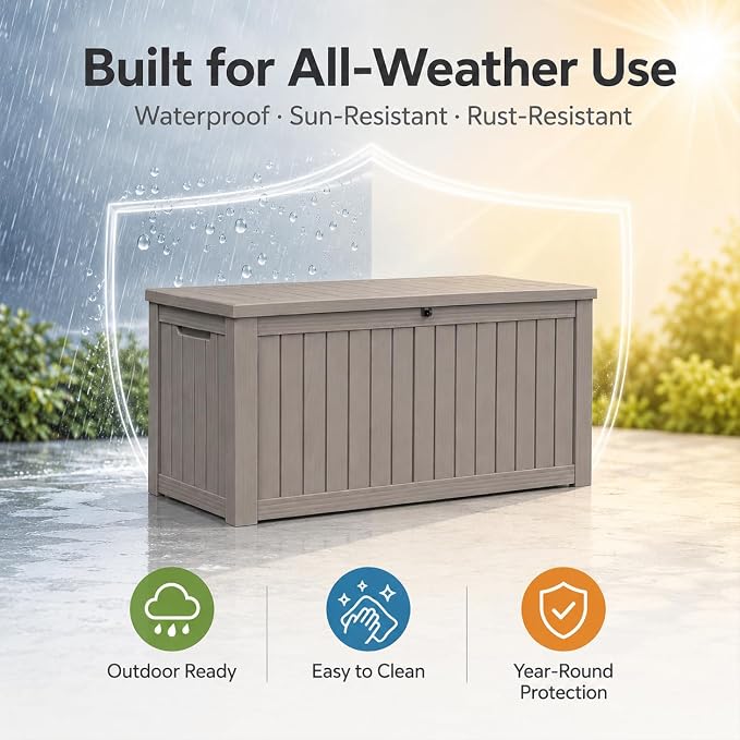 Outdoor Deck Patio Storage Box - 140 Gallon Large Outdoor Deck Box, Plastic Storage Bin with Lid, Outside Toy Box & Pool Storage Container for Cushions, Garden Tools, Towel, Brown