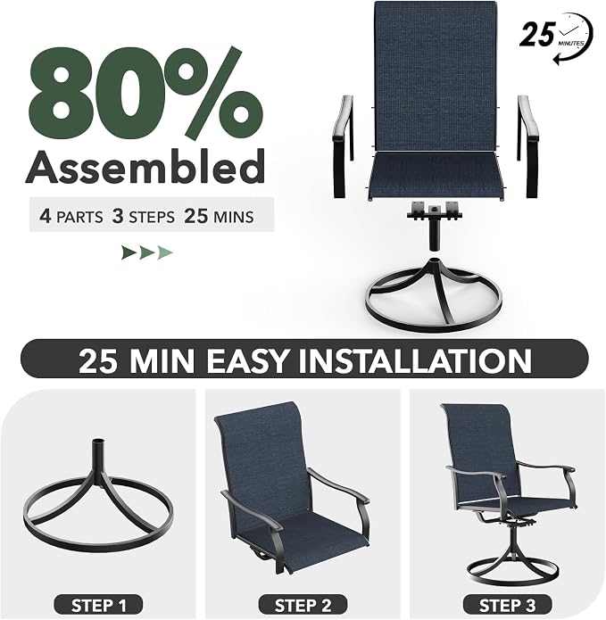 Patio 63"x38"x28" Table and Navy Blue Swivel Chairs Dining Set for 6 Person | 6 Piece Swivel Chairs: High Back, Retro Armrest, Textilene Fabric, Rocking; 63"x38"x28" Metal Rectangle Table, All Weather