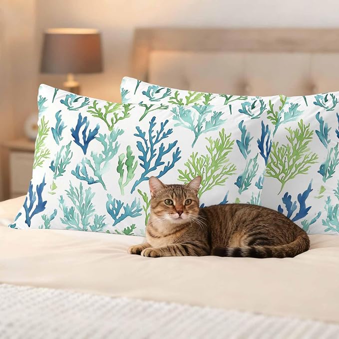 Ocean Teal Outdoor Waterproof Throw Pillow Covers Set of 2, 20"x12", Blue Green Coral Underwater Garden Coastal Decorative Pillow Covers Outside Cushion Case for Patio Porch Garden
