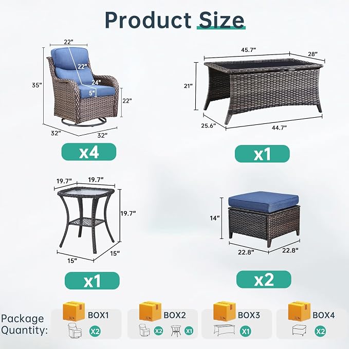 Outdoor Swivel Rocker Patio Chairs Set of 4 with Ottoman Coffee Table - 5" Thick Cushion 8 Piece Furniture Set All Weather Comfortable Wicker Conversation Set for Porch Deck - Brown/Blue