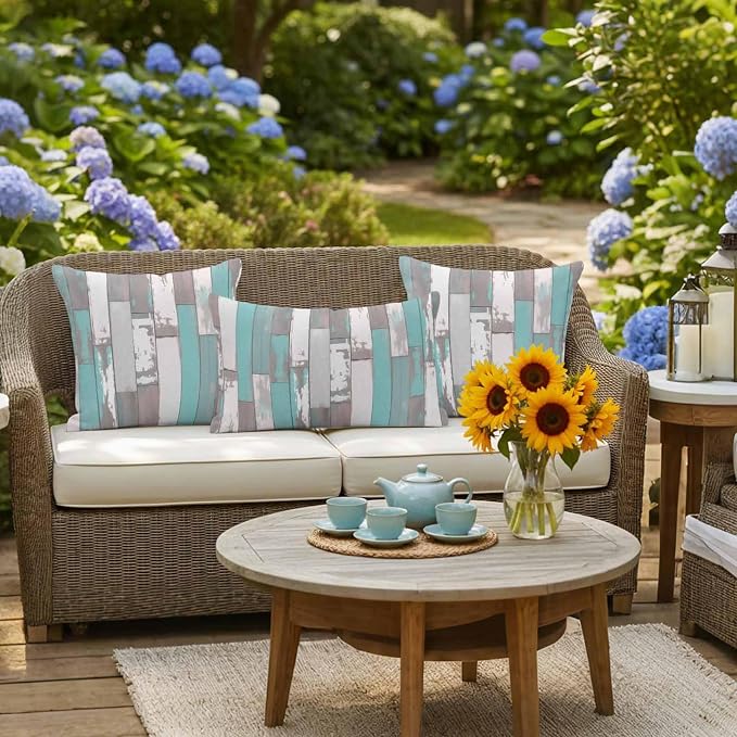 Turquoise Gray Outdoor Pillow Covers 24x24 Inch Throw Pillow Covers Set of 2 Waterproof Decorative Pillow Cases Country Retro Mottled Texture Wood Grain Cushion Covers for Patio Furniture Garden Couch