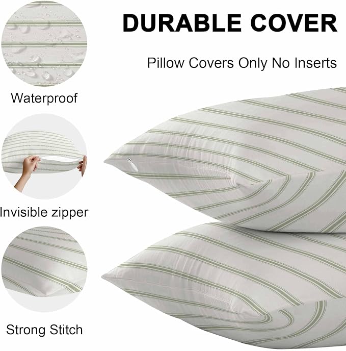 Vandarllin Outdoor Throw Pillows Covers 20x12 inch Set of 2 Waterproof Sage Green Stripes Decorative Zippered Cushion Covers for Patio Furniture, Abstract Lines Striped Lumbar Pillowcases