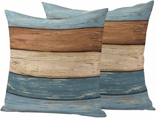 Farmhouse Blue Brown Outdoor Waterproof Pillow Covers, Vintage Wooden Striped Decorative Square Throw Pillowcase Sofa Cushion Sham for Patio/Couch/Chair, 18"x18" 2 Pack