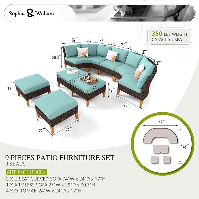 Sophia & William Outdoor Wicker Sectional Sofa Set, 9 Piece Half Moon Curved Patio Furniture Modern Round Outdoor Couch Conversation Set with Ottoman for Backyard, Pool, Garden(Aqua Blue)