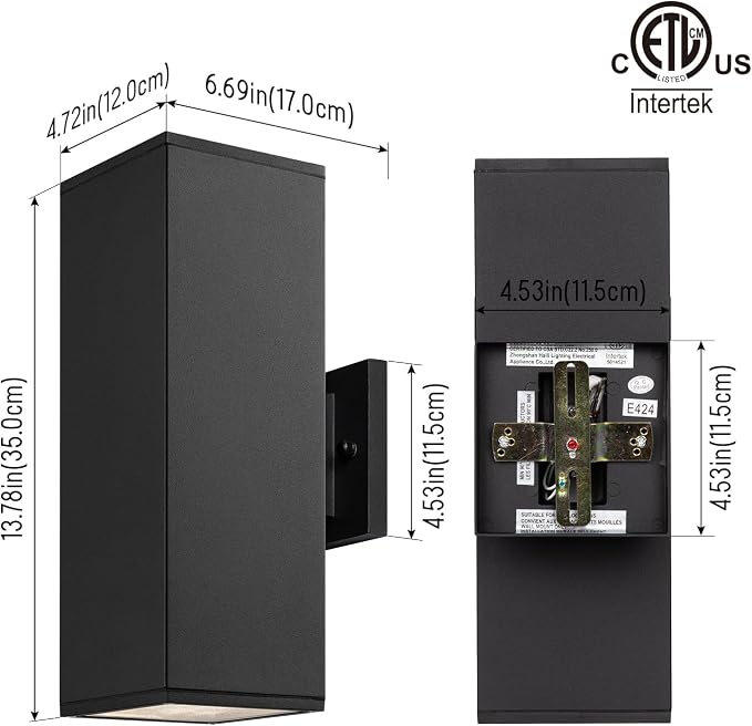 mirrea 14" Modern Outdoor Porch Light in 2 Lights, Matte Black, 2 Pack | Patio wall sconce, aluminum rectangular tube, tempered glass, waterproof. Up & down lighting for outdoor wall mount fixture.