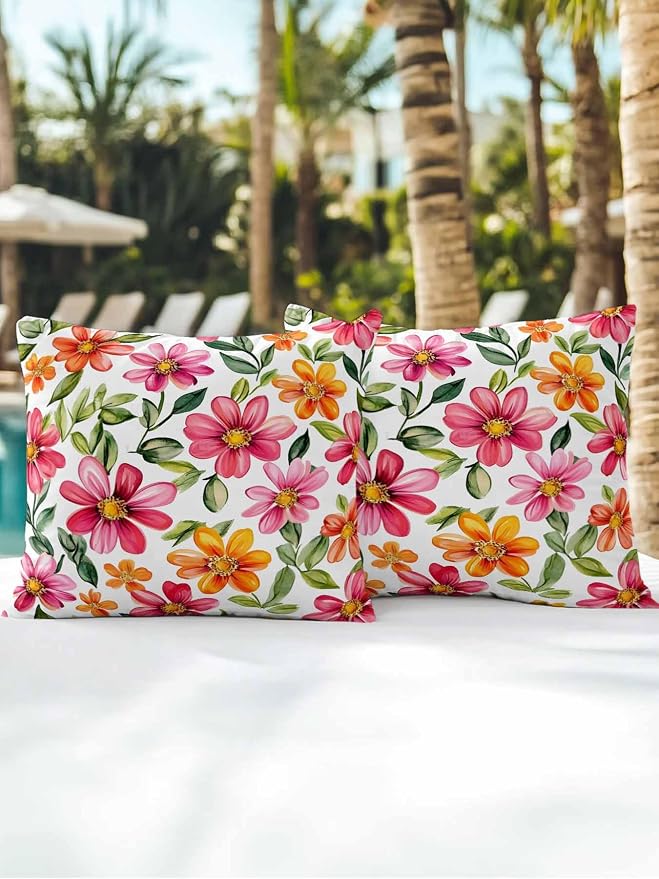 Outdoor Waterproof Throw Pillows Spring Watercolor Wild Flower Patio Pillows Pack of 2,Decorative Pillow Covers with Insert,Pillow Cushion Case for Garden Couch Sofa Country Small Pink Flower