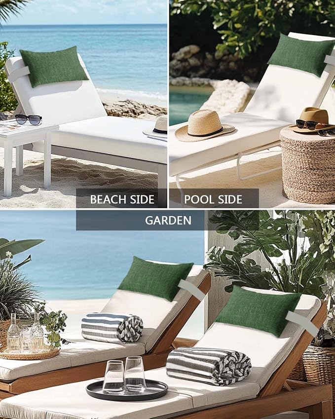 Outdoor Pillow for Chaise Lounge Chair Green Rustic Vintage Burlap Texture Outdoor Pillows Waterproof with Adjustable Strap Headrest Lumbar Pillows for Garden Patio Furniture 2 Pack 12" x 20"