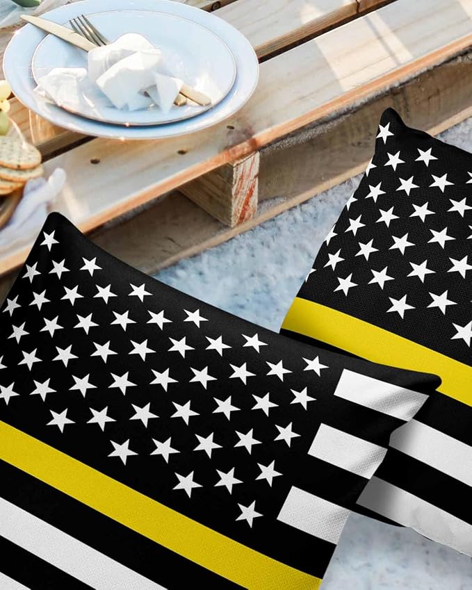 Outdoor Waterproof Pillow Covers Set of 2, Thin Yellow Line Gold Emergency Dispatchers Truck Flag Patio Throw Pillow Covers, Decorative Cushion Case for Couch Sofa Furniture Garden, 18x18 Inch