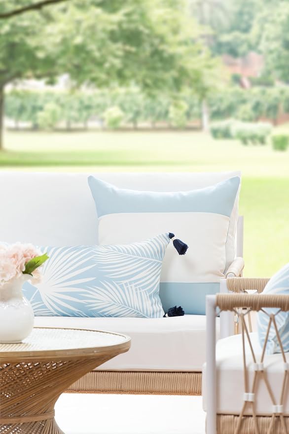 Hofdeco Premium Coastal Patio Indoor Outdoor Long Lumbar Pillow Cover Only, 12"x26" Water Repellent for Backyard, Couch, Baby Blue Palm Leaf with Tassels