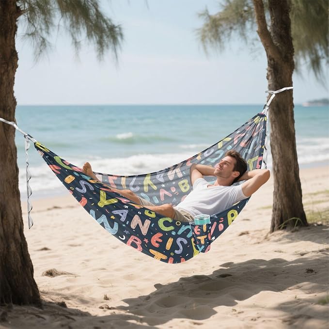 Camping Hammock Outdoor Hammocks for Outside English Hand Drawn Beach Trees Portable Lightweight with Pockets Tree Straps Indoor