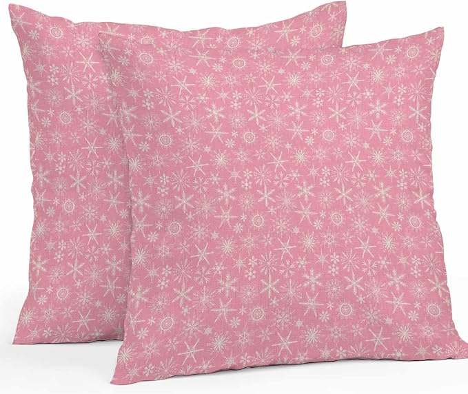 Pink Christmas Outdoor Pillow Cover 24x24 Inch Cushion Sham Case, Farmhouse Winter Xmas Beige Snowflakes Waterproof Decorative Square Throw Pillowcase for Outside Garden Patio Porch Couch Chair Tent