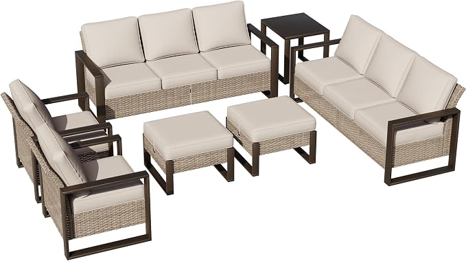 Joyside Outdoor Patio Chairs, 7 Pieces Wicker Rattan Furniture Set, 2 Patio Chairs, 2 Sofa, 2 Ottoman and 1 Table, Metal Wide Armrest, Thick Cushions and Deep Seating for Garden, Backyard, Porch