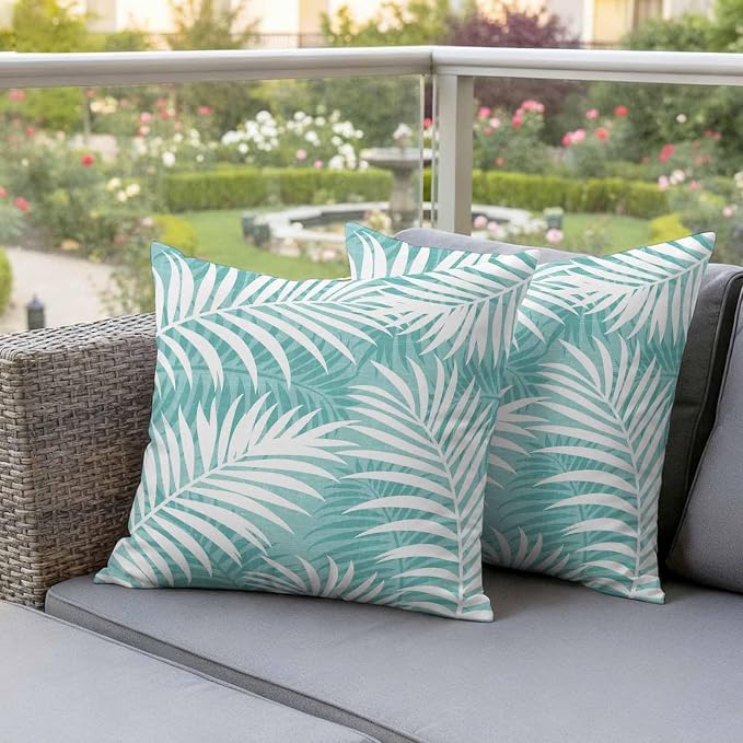 Vandarllin Outdoor Throw Pillows Covers 20x20 inch Set of 2 Waterproof Tropical Palm Leaves Decorative Zippered Cushion Covers for Patio Furniture, Aqua Summer Beach Leaf Lumbar Pillowcases