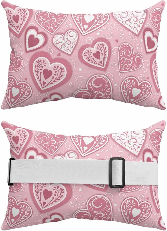 Chaise Lounge Head Resting Pillows, Valentine's Day Pink Love Heart Outdoor Chaise Pillows, Waterproof Patio Furniture Pillows with Insert and Adjustable Elastic Strap for Recliner Beach Chair