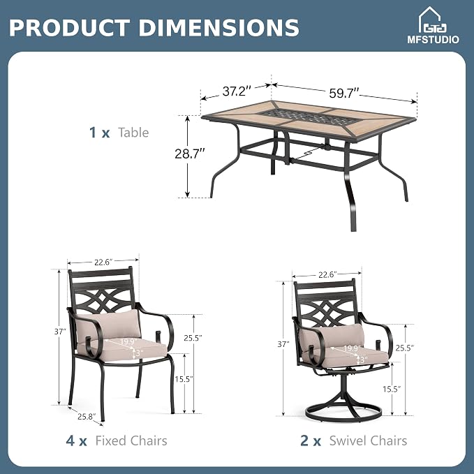 MFSTUDIO 7-Piece Patio Dining Set, 61.5" Metal Table, Swivel Chairs | Cushions Chairs, Mixed Swivel and Fixed Chairs, Umbrella Hole, Seats 6, All-Weather Use