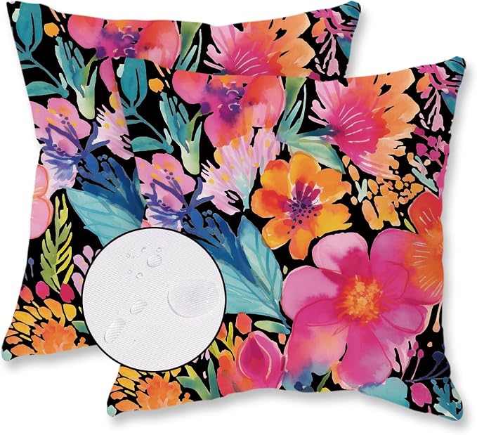 TAJWE Outdoor Pillow Covers 20x20 Inch Set of 2 Black Floral Waterproof Throw Pillowcases Modern Farmhouse Decorative Square Cushion Cases for Patio Furniture Garden Bench Porch Decor