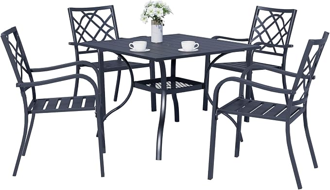 SOLAURA 5-Piece Outdoor Patio Dining Set, 4 Person Outside Table and Chairs Set, Metal Stacked Chairs of 4, Slat Table Top with 1.57" Umbrella Hole (Black)