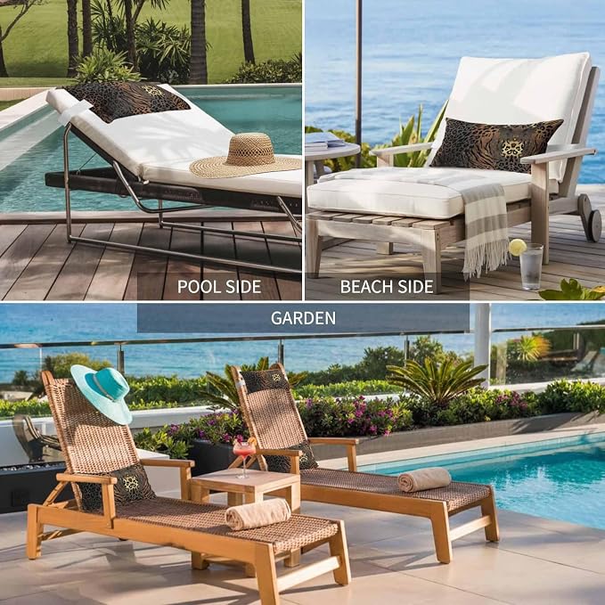 Brown Black Leopard Print Outdoor Chaise Lounge Head Pillow with Insert,Vintage Animals Skin Fur Pattern Waterproof Headrest Lumbar Pillow Cusion Cover with Elastic Strap for Recliner,12"x20" 2PCS