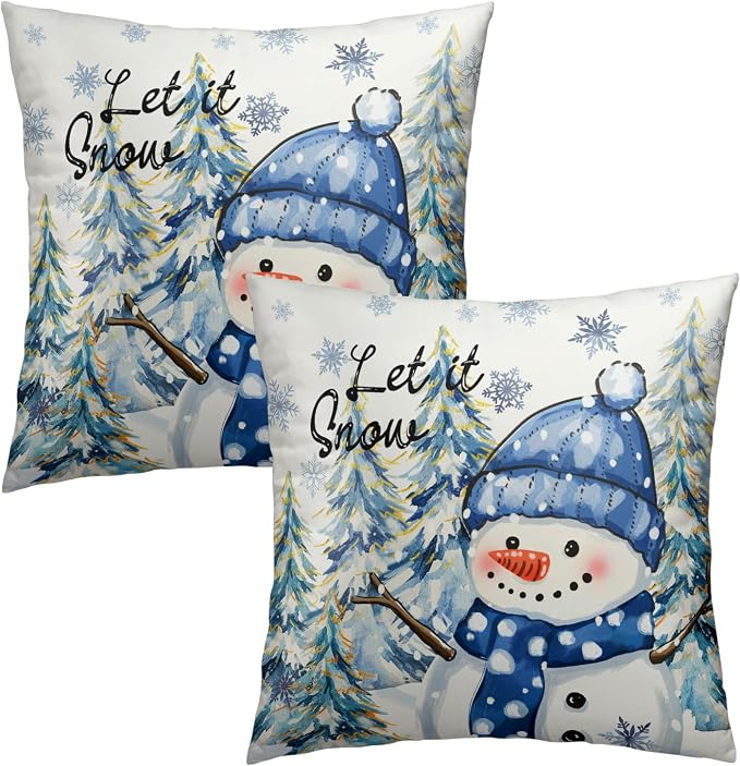 Winter Throw Pillow Covers 18x18 Inch – Pack of 2 Snow Snowman Pine Trees Holiday Cotton Hidden Zipper Pillowcases for Couch Sofa Bed Porch Farmhouse Home Decor
