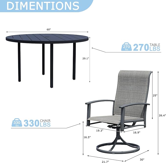 9 Piece Patio Dining Set - Round Patio Table & 8 Swivel Rocking Patio Chairs, Outdoor Patio Furniture with Textilene Fabric High Back Chairs for 8 Person, Gray