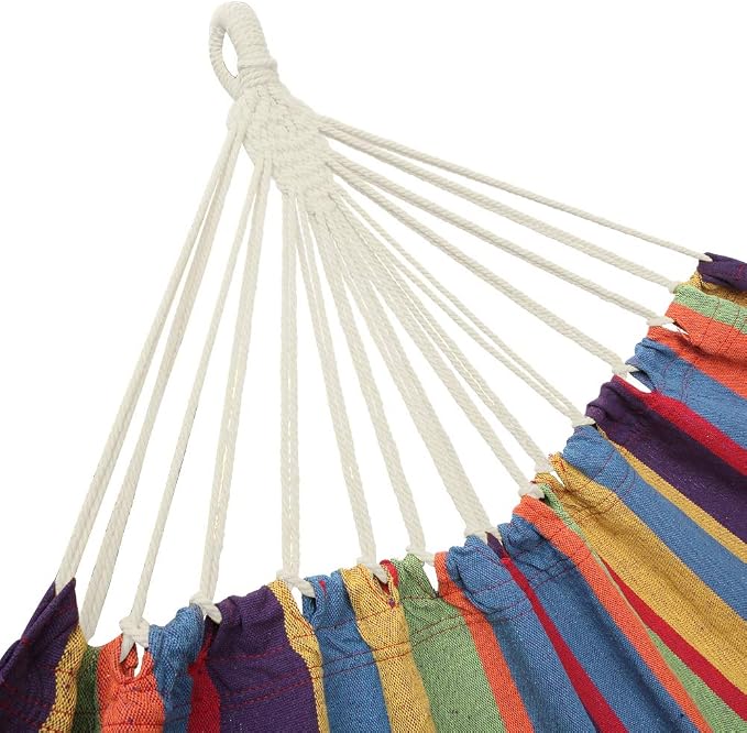 Portable Outdoor Hammock with Stand, Heavy Duty Steel Frame and Carrying Bag, Multi-Color Striped Polyester Fabric Hammock for Patio, Garden, Backyard & Camping, 250lbs Capacity