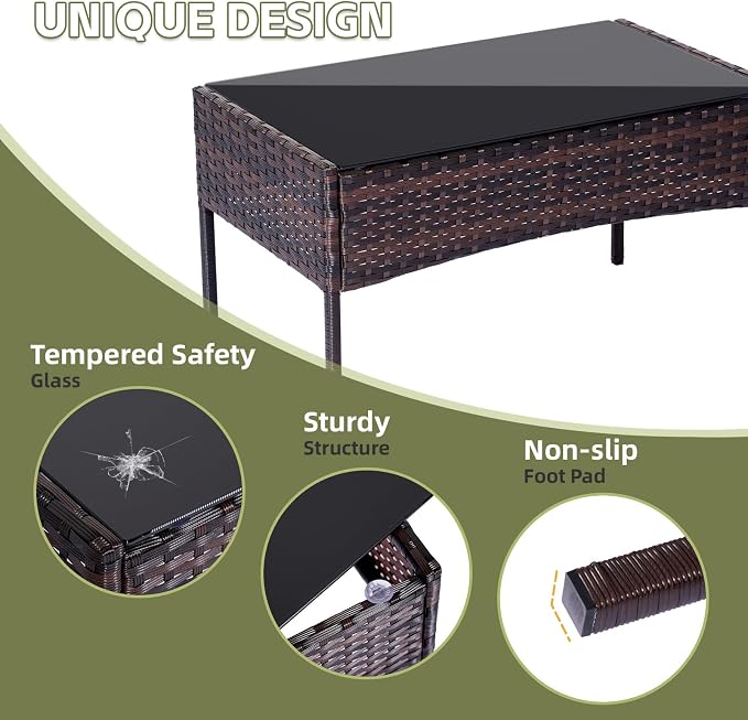 Patio Furniture Set 4 Pieces, Outdoor Rattan Furniture with Tempered Glass Coffee Table, Modern Rattan Patio Chairs Conversation Sets with Sofa for Garden, Terrace, Porch, Lawns Brown/Grey