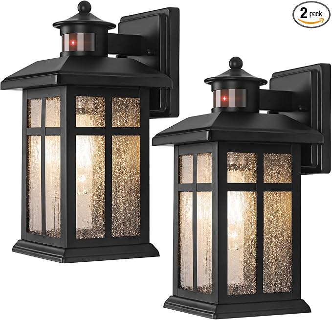 Motion Sensor Outdoor Wall Lights 2 Packs Dusk to Dawn Outdoor Lighting | Hardwired Exterior Light Sconces with E26 Sockets & Tempered Glass, Wall Mounted Black Waterproof Outdoor Lights for House