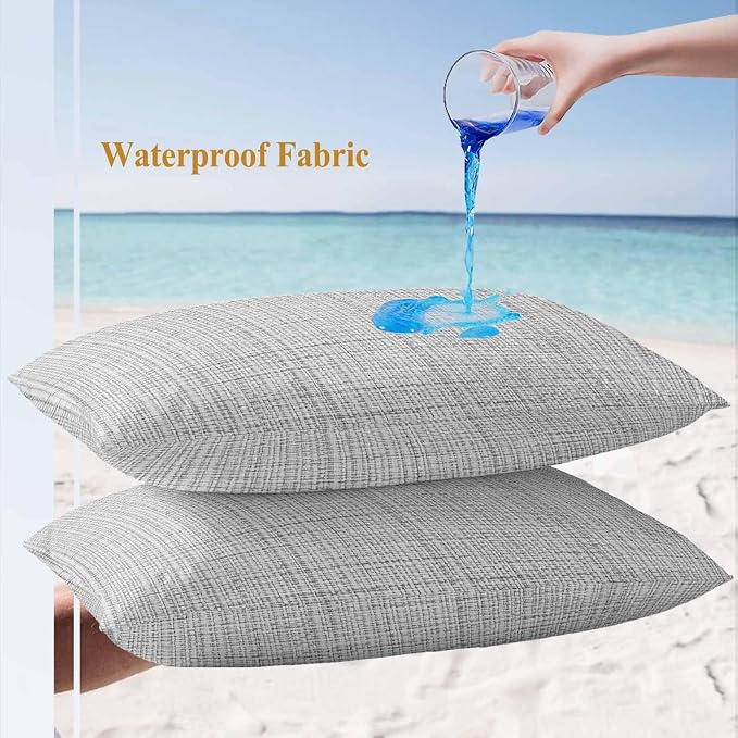 Outdoor Waterproof Throw Pillow Covers Set of 2 Grey Linen Texture Lumbar Pillowcases 20x12 Inches Solid Color Decorative Pillows Cushion Case Patio Pillows for Couch Bed Chair Garden