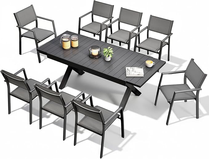 9-Piece Expandable Patio Dining Set, Never-Rust Aluminum Outdoor Dining Table Set for 8, Expandable Dining Table and Stackable Patio Chairs for Deck, Backyard, Garden, Indoor, Black