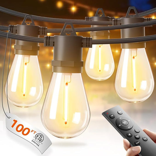 addlon 100FT LED Outdoor String Lights, Waterproof Dimmable Bulbs for Patio | UL Listed, Remote Control. Shatterproof Edison Bulbs, Timer, Linkable, 2700K Warm White. For Backyard, Pergola, 2-Pack*50FT.