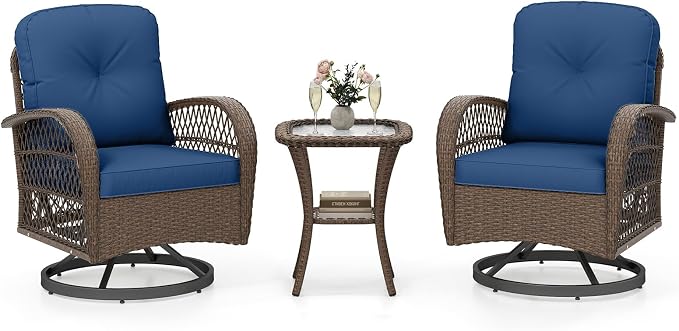 HAPPYGRILL 3 Pieces Outdoor Rattan Swivel Rocker Chairs Set with Tempered Glass Side Table, Outside Sectional Patio Conversation Furniture Set with Swivel Rocking Chairs for Deck Porch Garden (Navy)