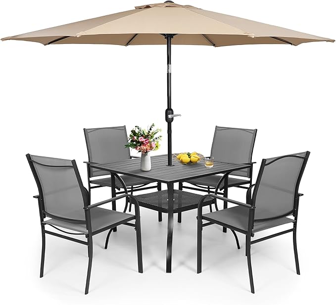 Crownland 5 Piece Patio Dining Set, Textilene Dining Sets, 4 Textilene Metal Chairs and Square Outdoor Dining Table with Khaki 9FT Round Outdoor Umbrella (Grey)