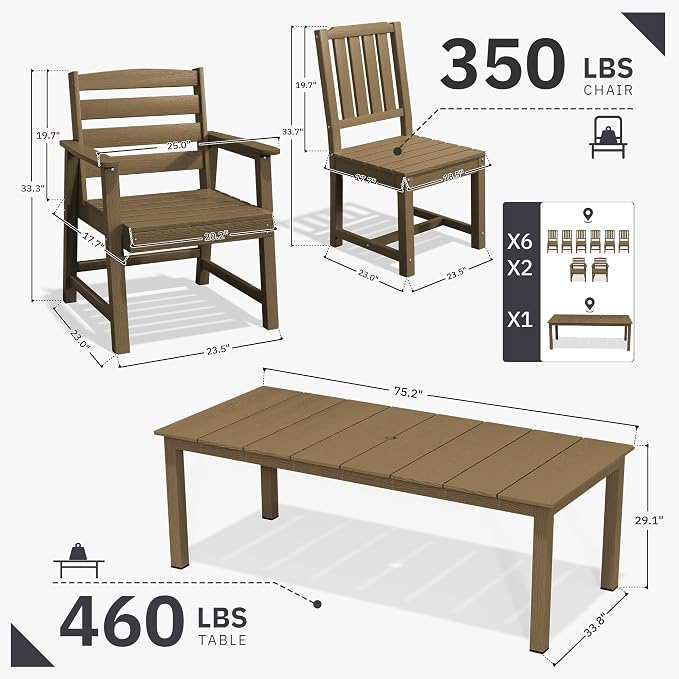 AreShark 9-Piece Outdoor Dining Set,HDPE Patio Table with 8 Chairs,All-Weather Patio Furniture Set with Umbrella Hole,Low Maintenance Wood Grain Dining Set for Backyard,Garden,Poolside,Brown