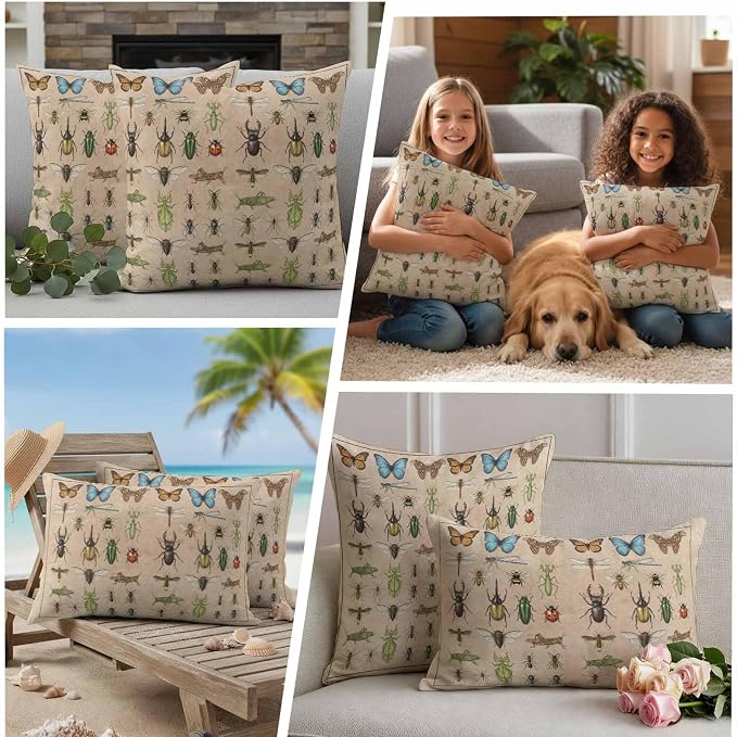 Outdoor Waterproof Throw Pillow Covers Set of 2 Insects Biographies Lumbar Pillowcases 20x12 Inches Butterfly Dragonfly Decorative Pillows Cushion Case Patio Pillows for Couch Bed Chair Garden