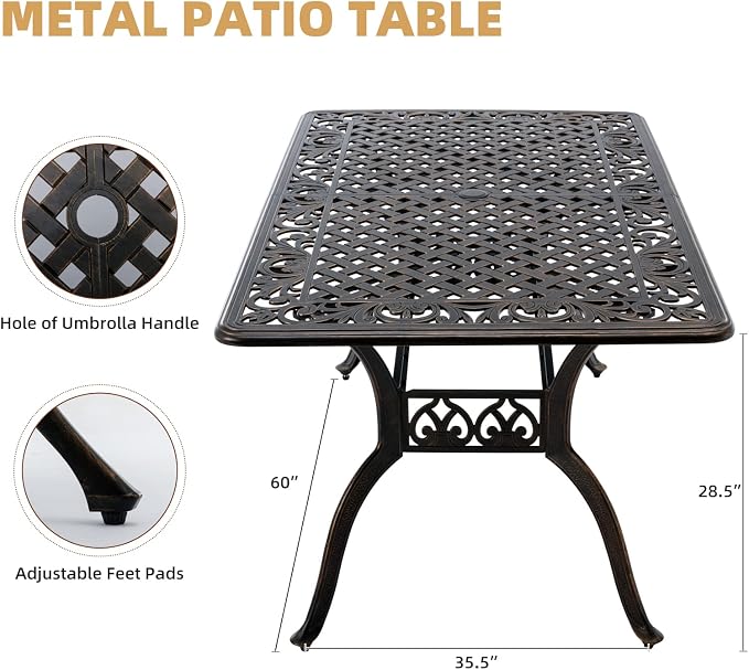 7-Piece Cast Aluminum Outdoor Table and Chairs, Antique Bronze Patio Dining Sets Include 60" Large Patio Dining Table and 6 Chairs with Removable Cushion