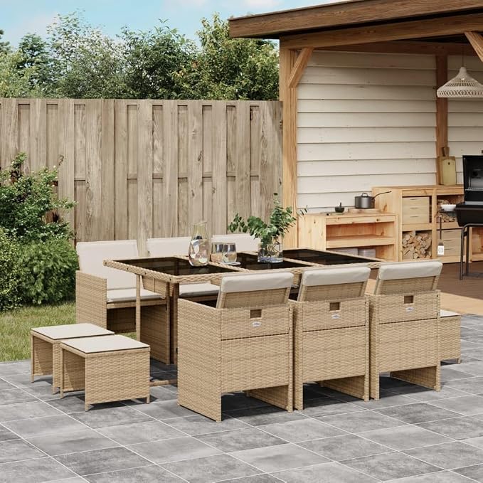 11 Piece Patio Dining Set with Cushions Beige Poly Rattan Outdoor Furniture Table and 6 Chairs with Foldable Backrest Space-Saving Design for Garden Backyard Deck Entertaining